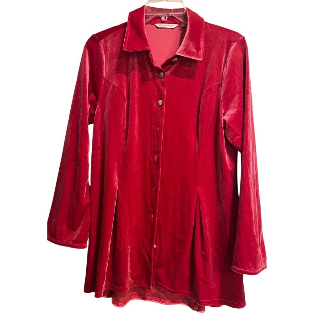 Soft Surroundings Enchanted Velvet Button-up Shirt M Collared Neckline Red Soft